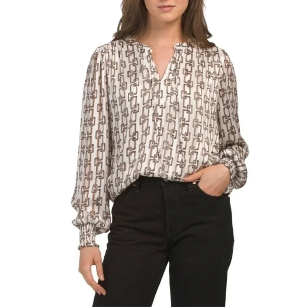 HAVER + BLAIR ivory/beige/black chain blouse size :XS